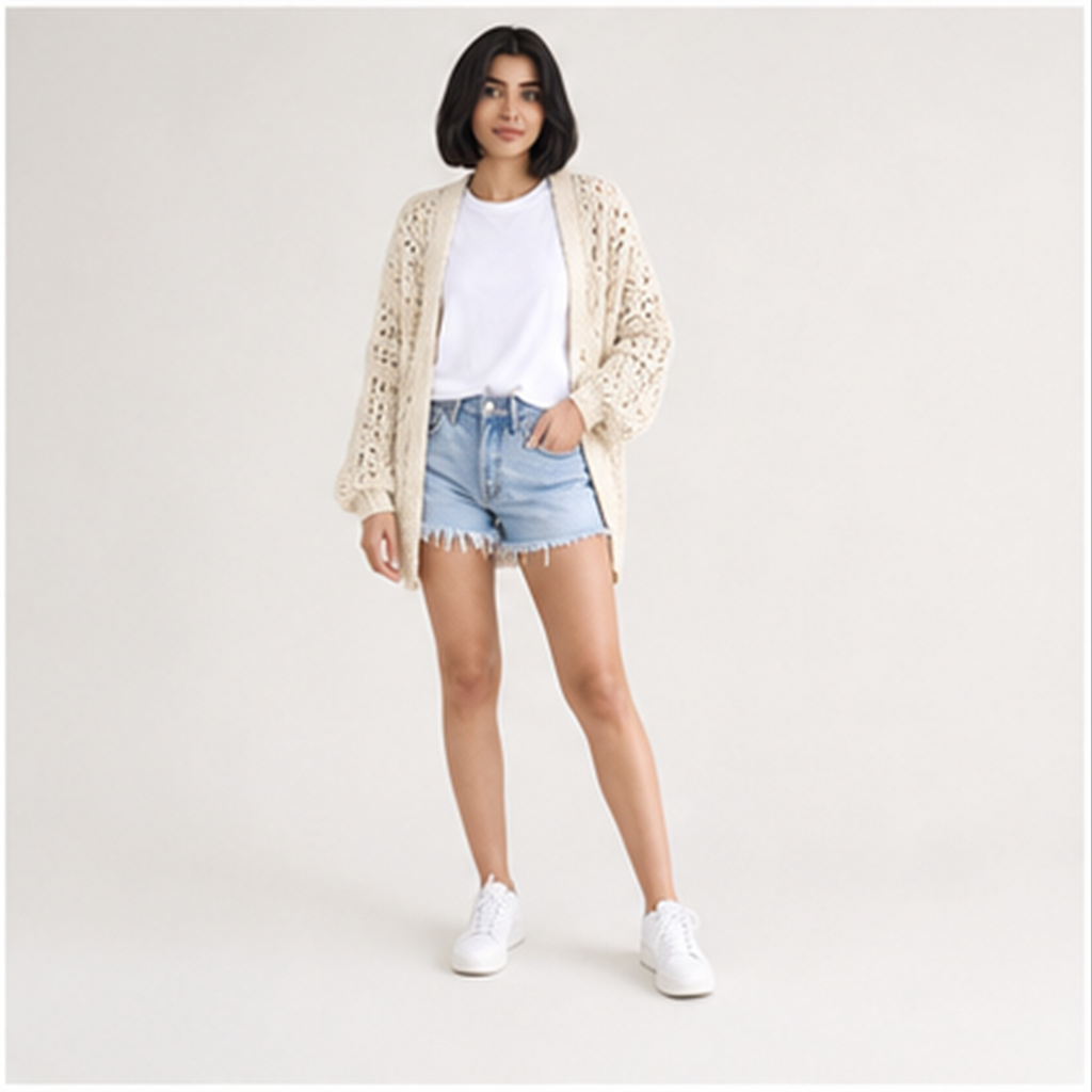 Women's Crochet Cardigan Sweater Kimonos Boho Solid Color Oversized Spring Open Front Outwear - model view