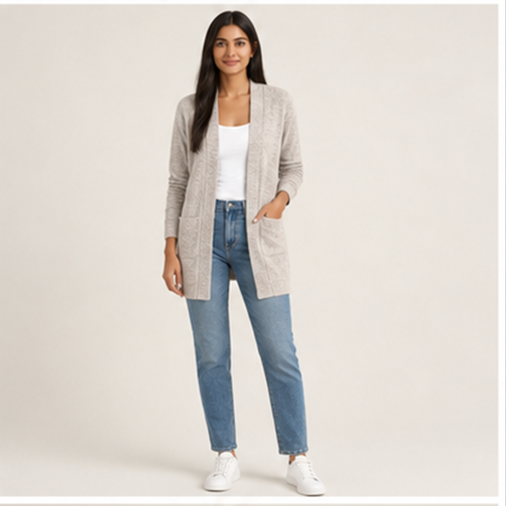 Women Lightweight Open Front Cardigans Casual Loose Fall Outfits with Pockets - model view