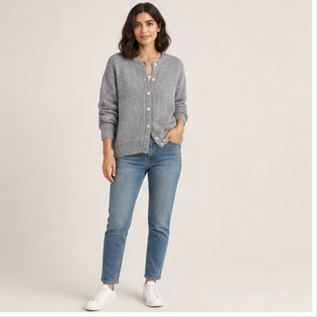 Long Sleeve Crewneck Button Down Women's Sweaters Fall Open Front Chunky Cardigan Sweaters for Women - model view
