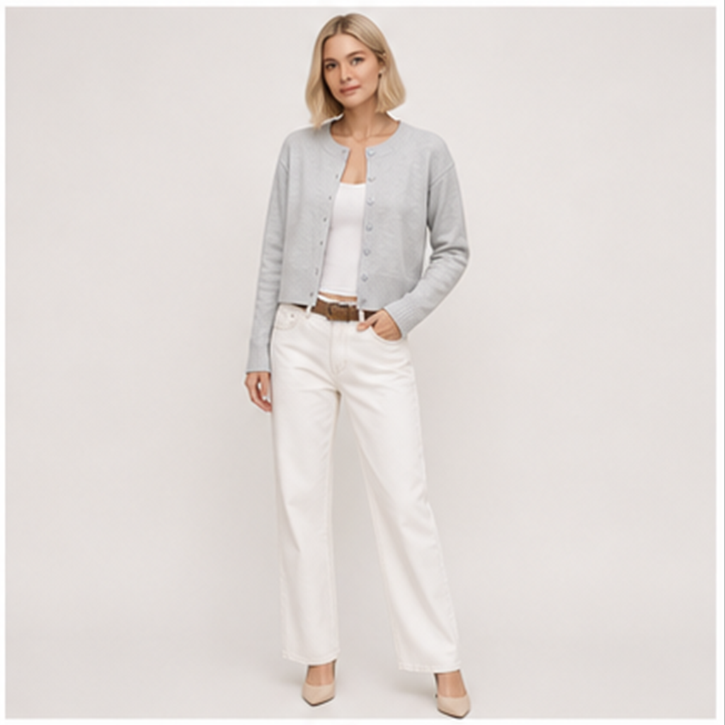 Women's Cropped Knit Cardigan Sweater Button Down Long Sleeve Slim Fit Gray Fall Layering Top - model view