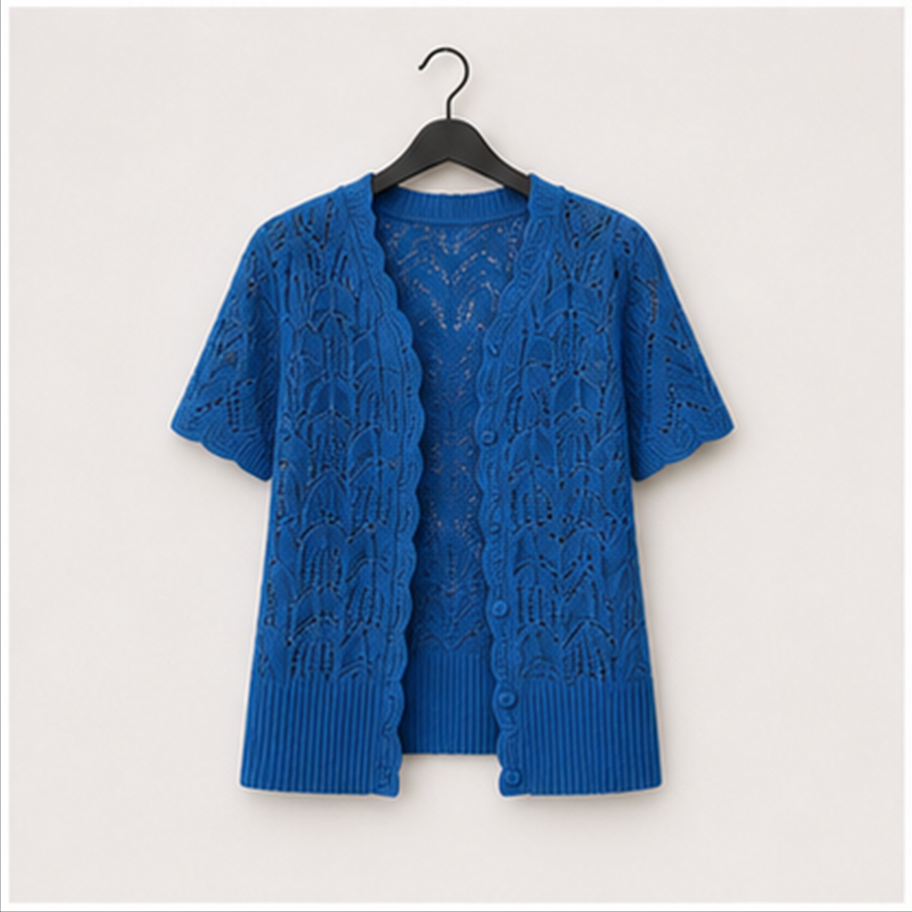 Women's Short Sleeve Summer Cardigan V-Neck Button up Lightweight Hollow Out Sweater Cardigans Shrug - front view
