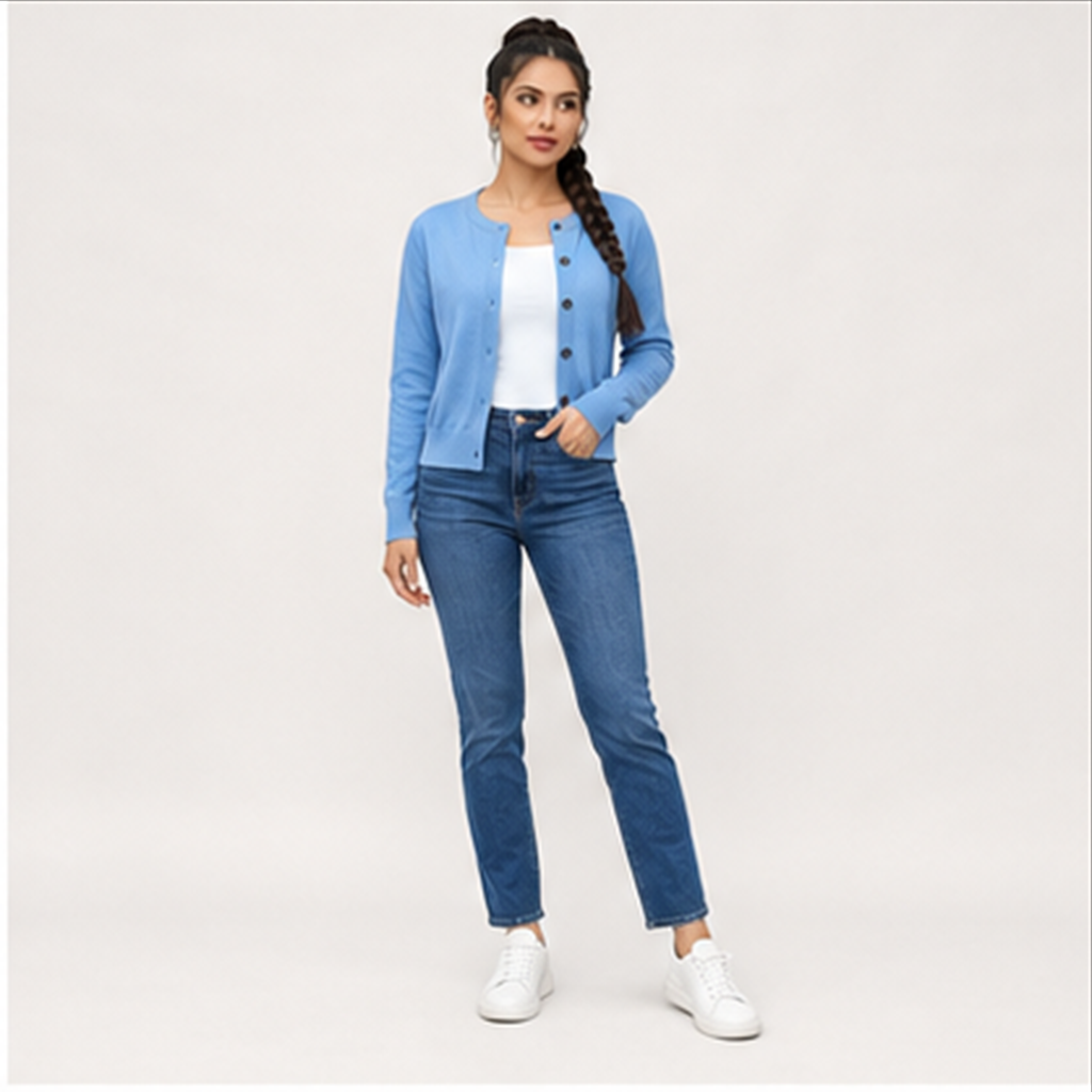 Women's Long Sleeve Cardigan Sweater, Button Down Knit Shrug, Slim Fit Stretch Soft Lounge Office - model view