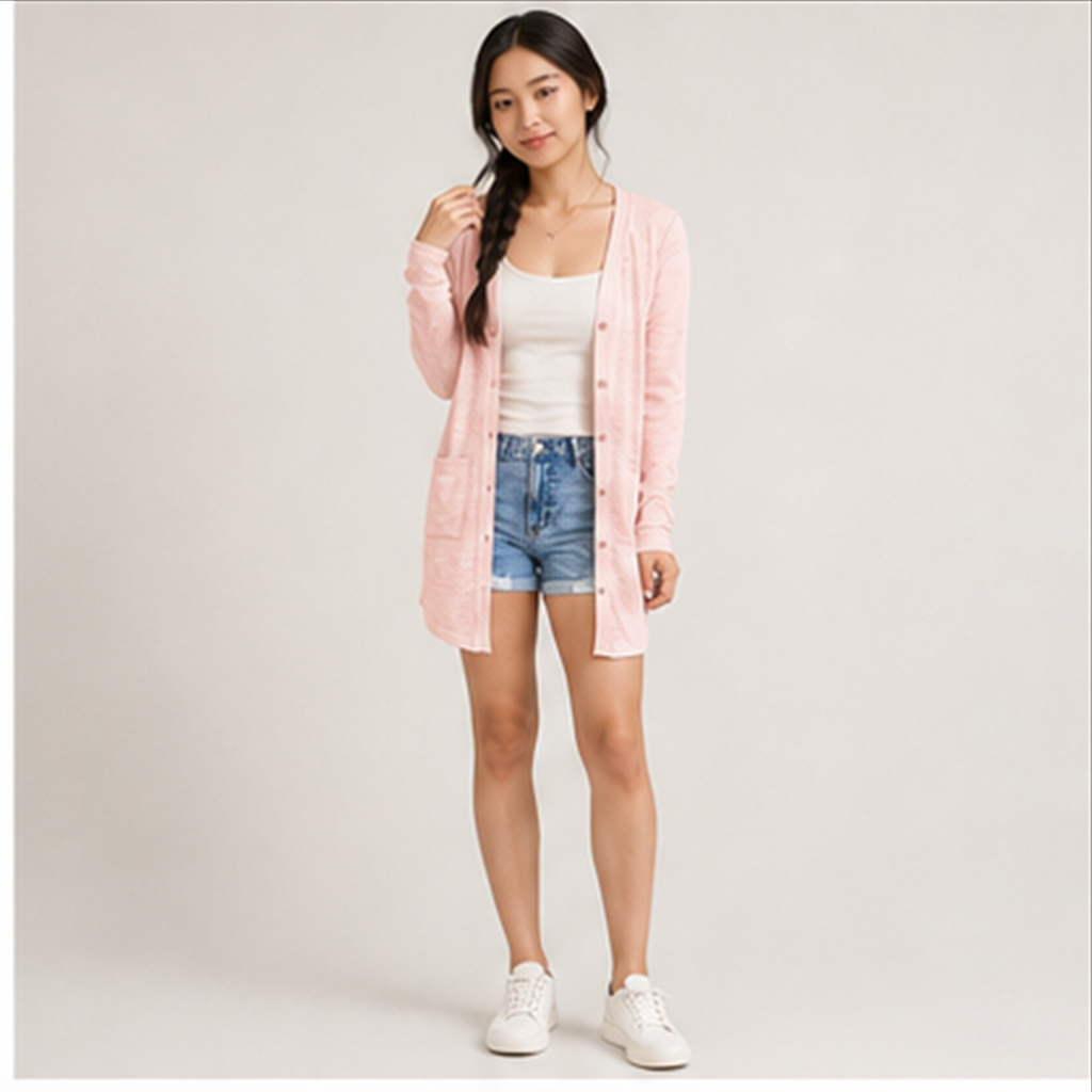 Women's Lightweight Cardigan Summer Long Open Front Button Down Trendy Loose Outwear with Pockets - model view