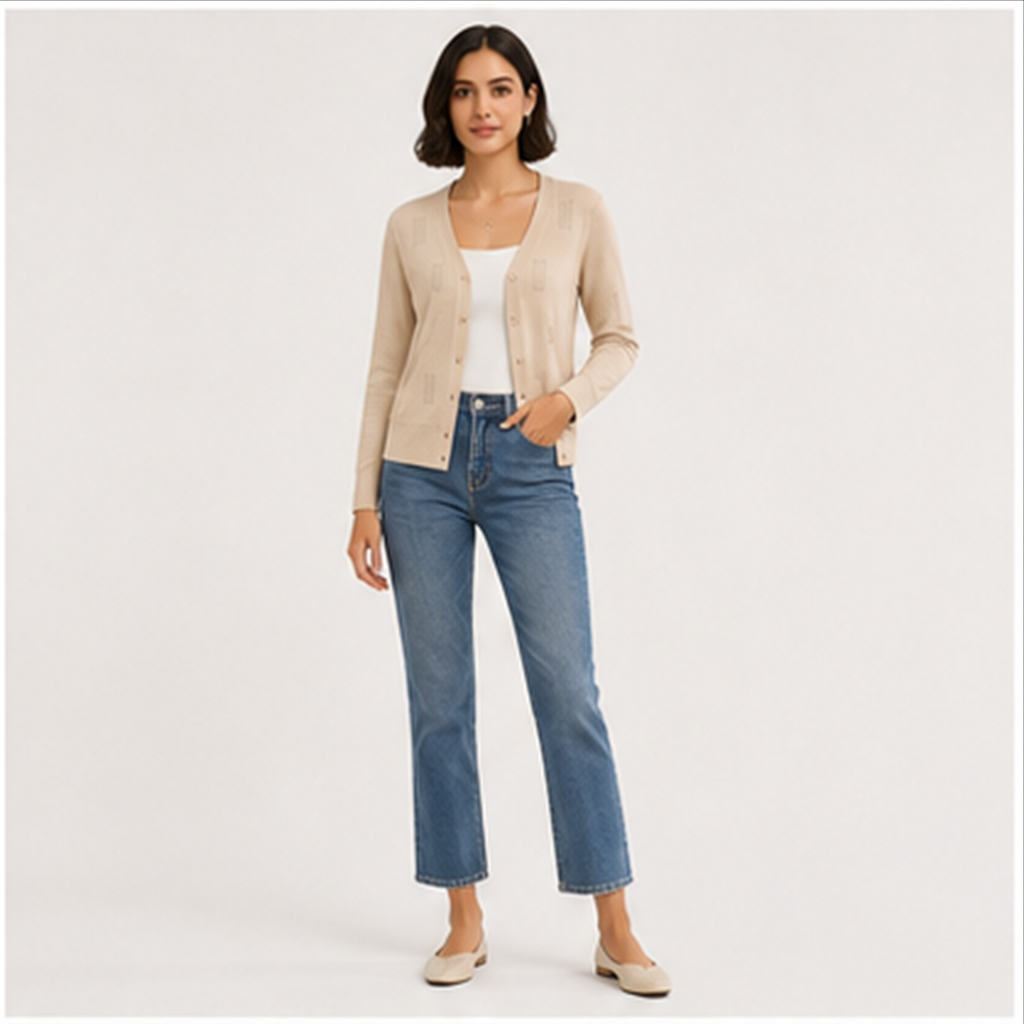 Women's 3/4 Sleeve Cardigans for Women, Lightweight Cardigan Sweaters, Spring Open Front Button Down Tops - model view
