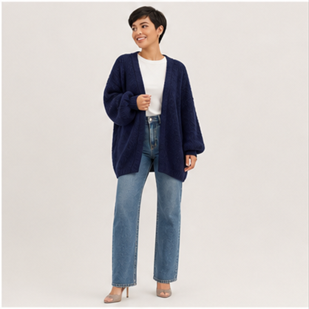 Women's Oversized Cardigan Sweaters Fall Long Lantern Sleeve Knit Open Front Lightweight Sweater - model view