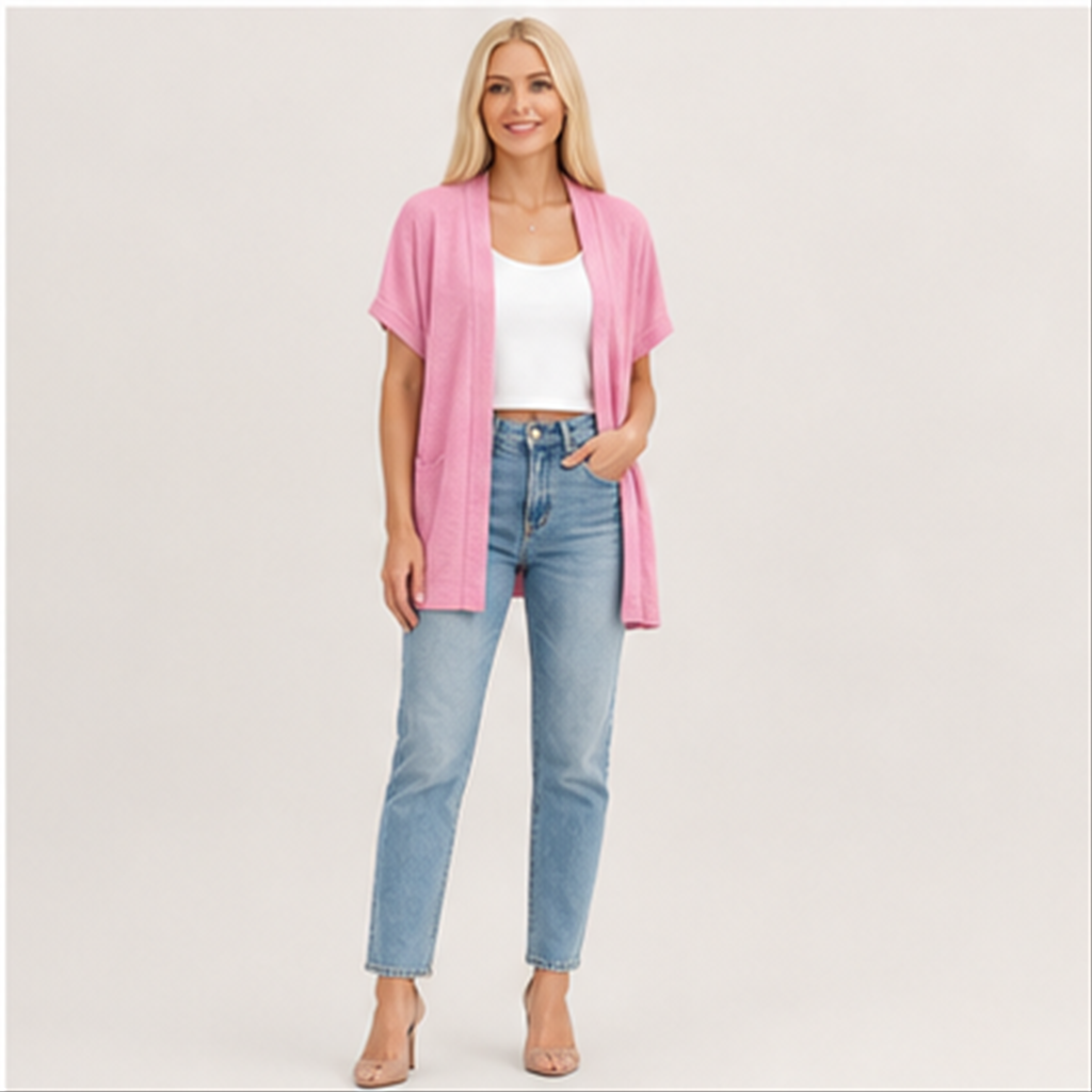 Women's Short Sleeve Cardigan Summer Fashion Top Casual Dressy Loose Lightweight Cardigans with Pockets - model view