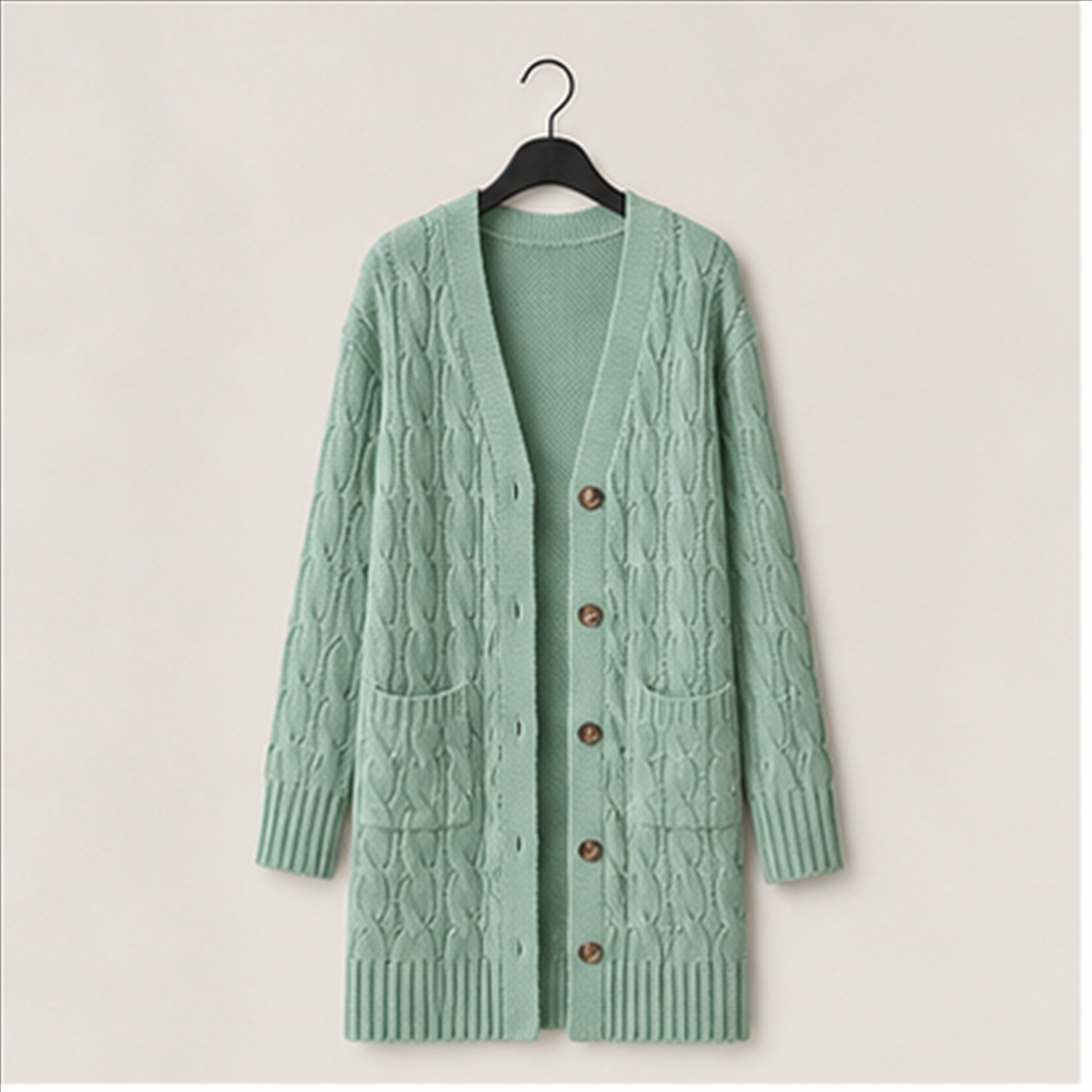 Long Sleeve Cable Knit Long Cardigan for Women Spring Winter Chunky Open Front Button Sweaters with Pockets - front view