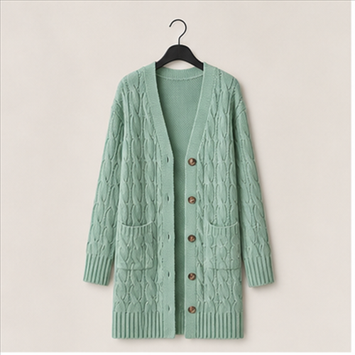 Long Sleeve Cable Knit Long Cardigan for Women Spring Winter Chunky Open Front Button Sweaters with Pockets - front view