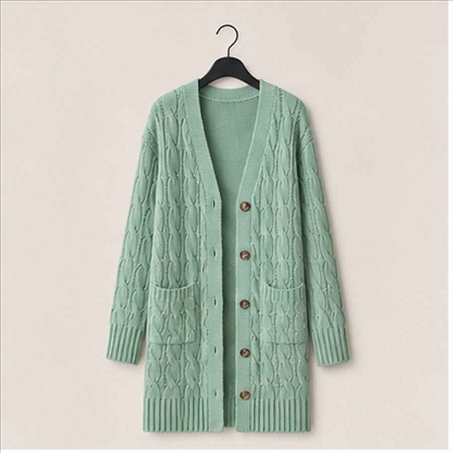 Long Sleeve Cable Knit Long Cardigan for Women Spring Winter Chunky Open Front Button Sweaters with Pockets - front view