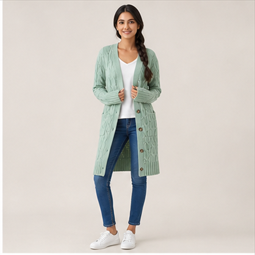 Long Sleeve Cable Knit Long Cardigan for Women Spring Winter Chunky Open Front Button Sweaters with Pockets - model view