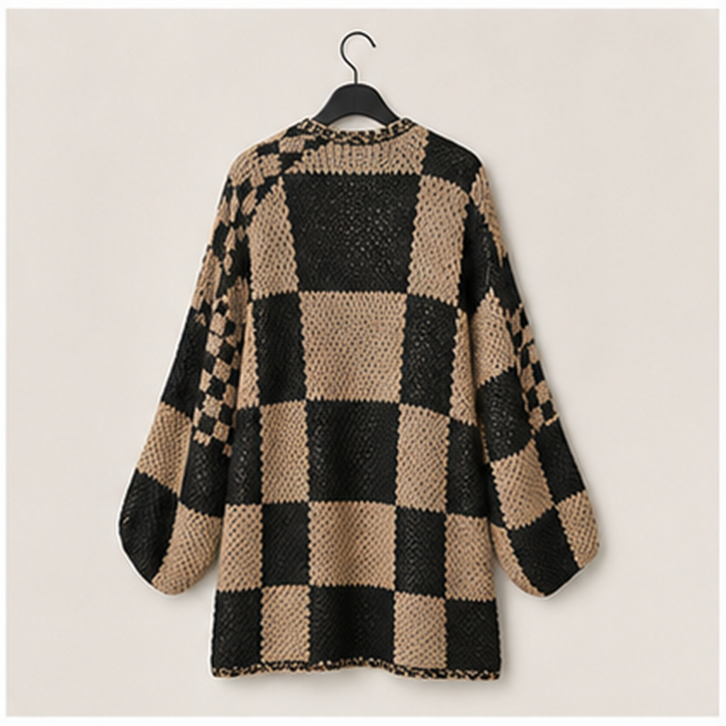 Women Fall Long Sleeve Open Front Chunky Knit Sweaters Checkered Outwear Coat - back view