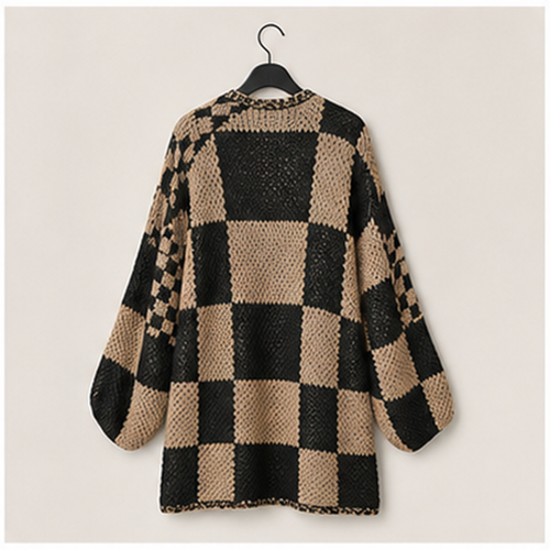 Women Fall Long Sleeve Open Front Chunky Knit Sweaters Checkered Outwear Coat - back view