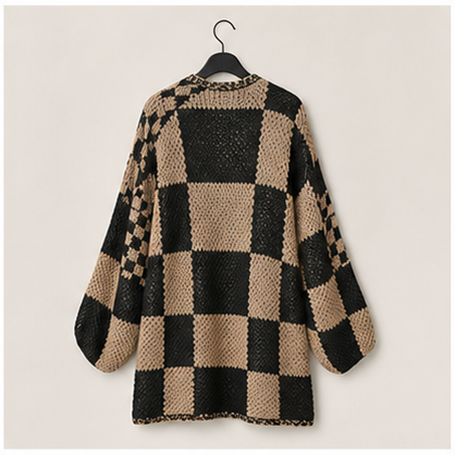 Women Fall Long Sleeve Open Front Chunky Knit Sweaters Checkered Outwear Coat - back view