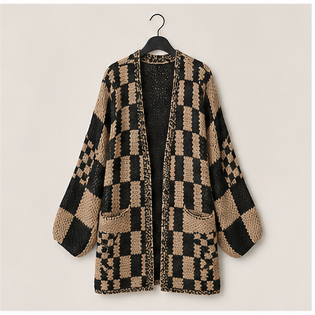 Women Fall Long Sleeve Open Front Chunky Knit Sweaters Checkered Outwear Coat - front view