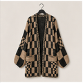 Women Fall Long Sleeve Open Front Chunky Knit Sweaters Checkered Outwear Coat - front view