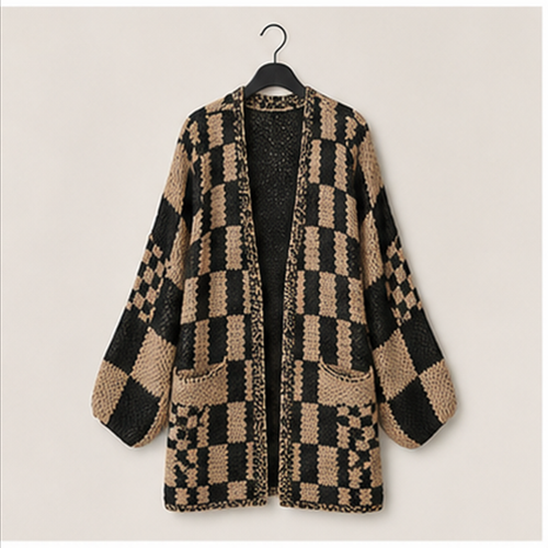 Women Fall Long Sleeve Open Front Chunky Knit Sweaters Checkered Outwear Coat - front view
