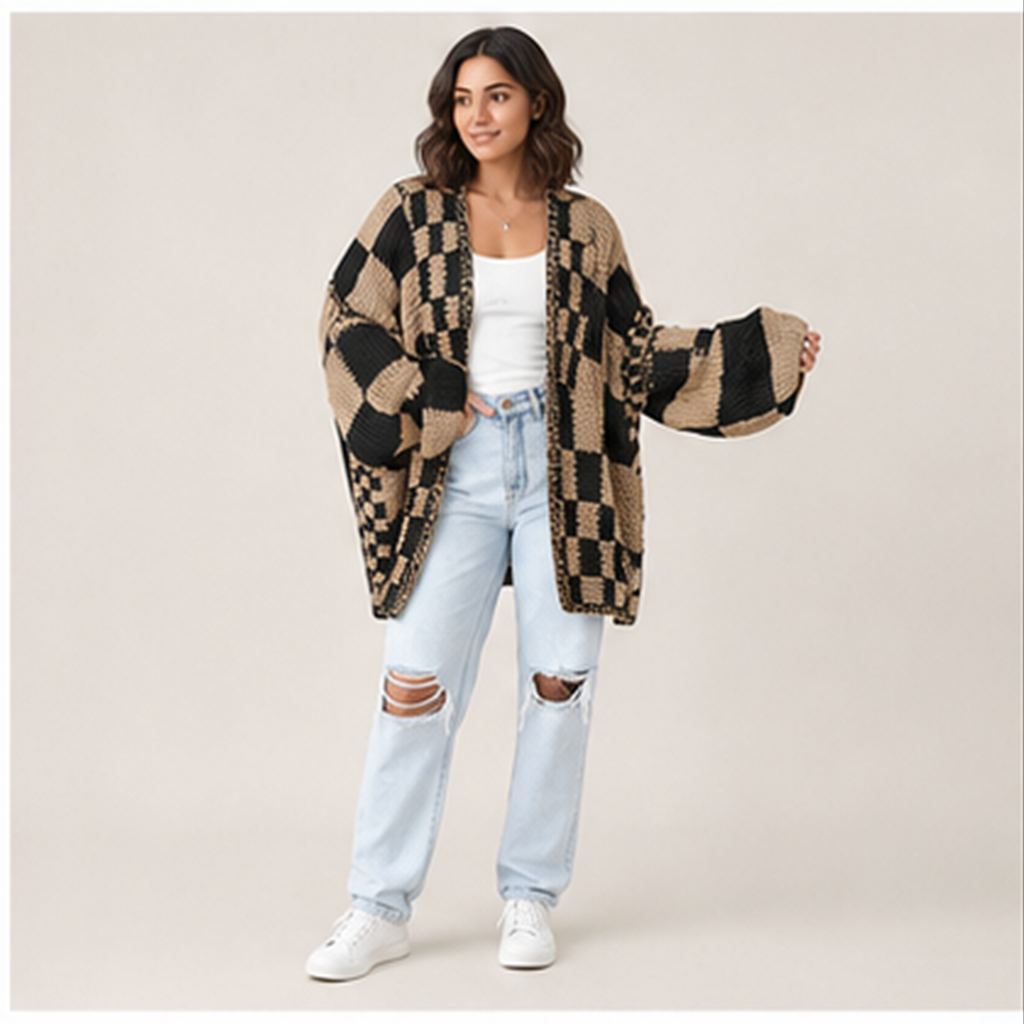 Women Fall Long Sleeve Open Front Chunky Knit Sweaters Checkered Outwear Coat - model view