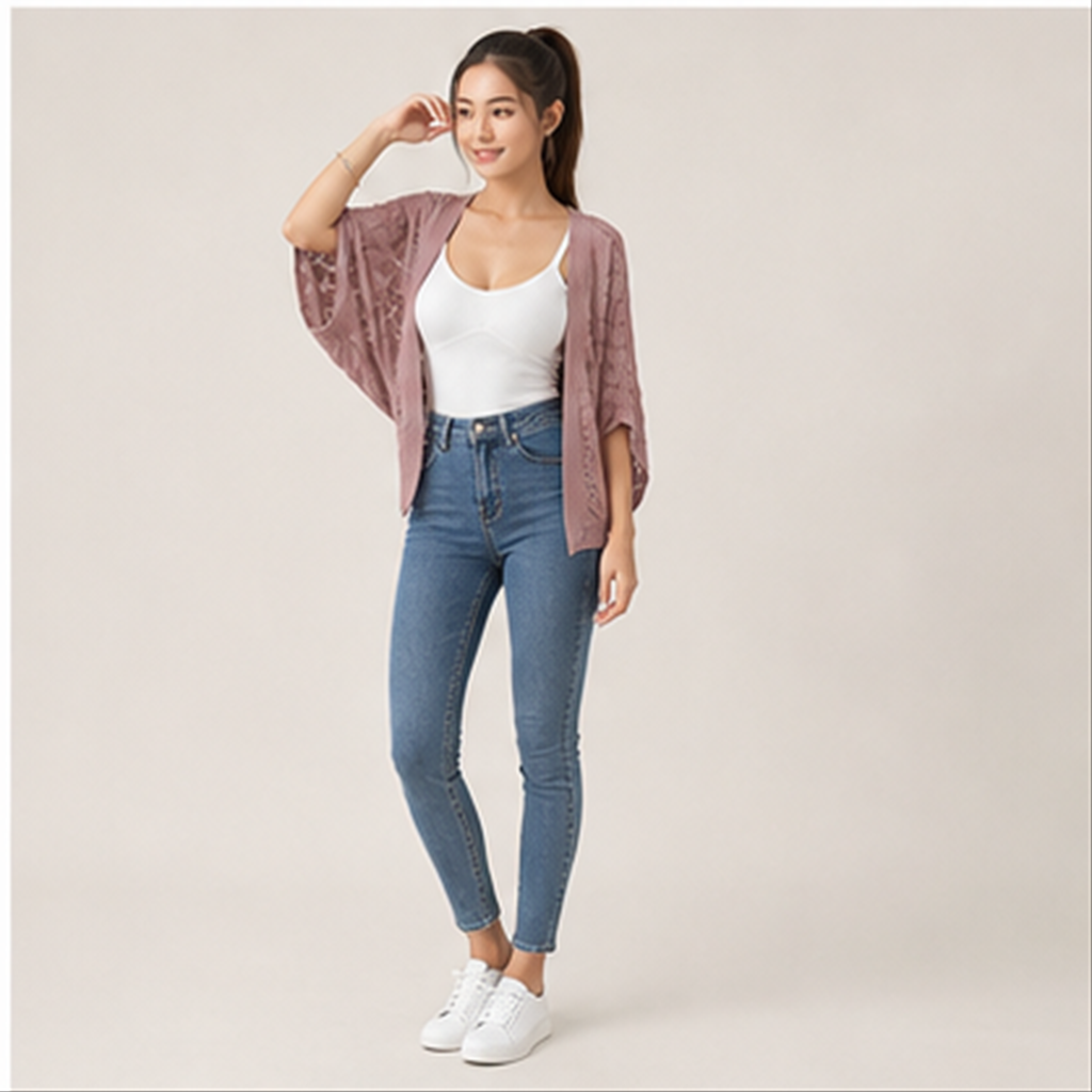 Women Batwing Sleeve Crochet Bolero Shrug Sweaters Lightweight Beach Boho Kimono - model view