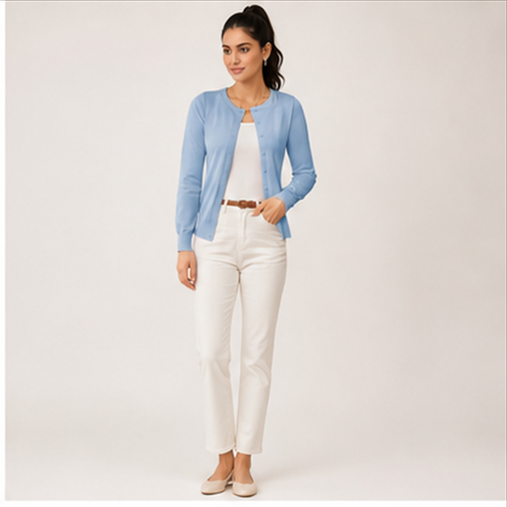 Women's Long Sleeve Knit Cardigan Sweaters Casual Dressy Open Front Button Down Cardigans Summer Outfits - model view
