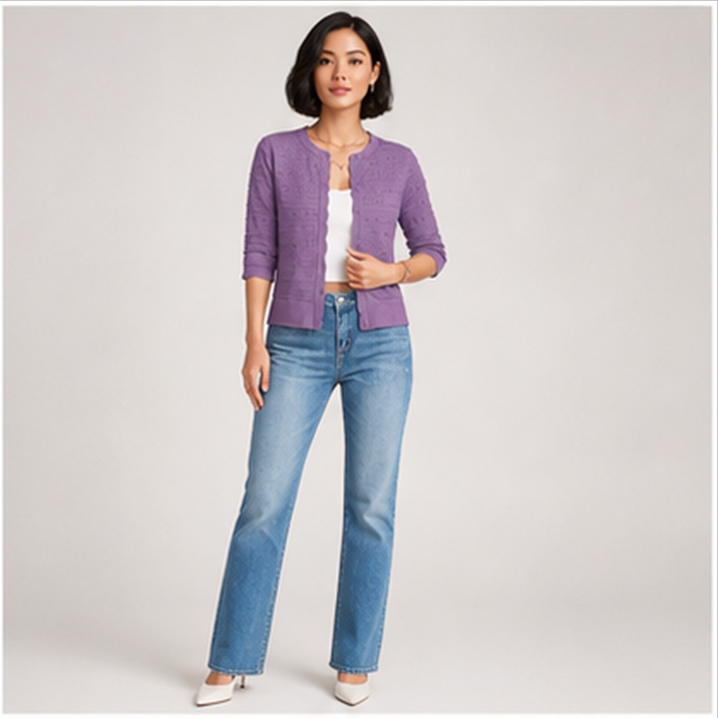 Women's 3/4 Sleeve Cardigan Sweater, Lightweight Cropped Cardigan Trendy, Dressy Casual Crochet Bolero Shrugs - model view