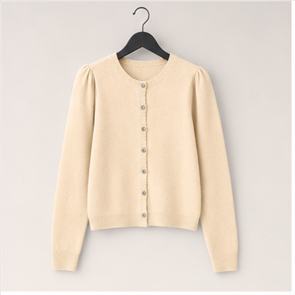 Women's Puff Long Sleeve Cardigan Sweaters Fall Button Down Lightweight Knit Crew Neck Sweater Shirts - front view