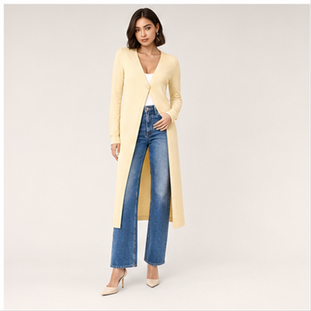 Women's Long Cardigan Trendy, Lightweight Knit Dusters Coat, V Neck Button Up Sweater Maxi Dress - model view